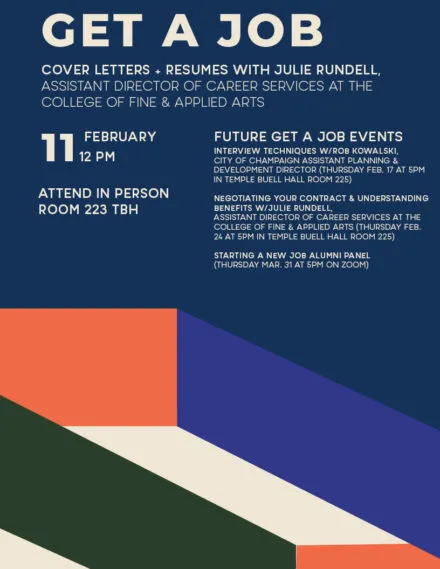 Get A Job flier with blue background, white text and orange, blue and green graphic