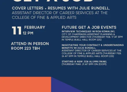 Get A Job flier with blue background, white text and orange, blue and green graphic
