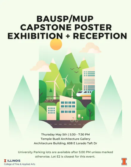 A poster with image of a green city with bikes, public transit, trees, wind turbines along with reception details