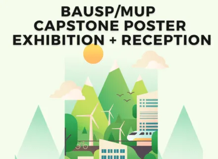 A poster with image of a green city with bikes, public transit, trees, wind turbines along with reception details