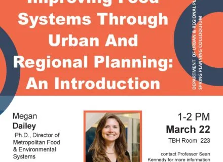 Orange, white and blue flyer with details of colloquium