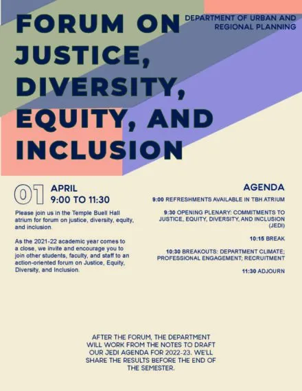 Colorful flier on Justice, Diversity, Equity and Inclusion forum