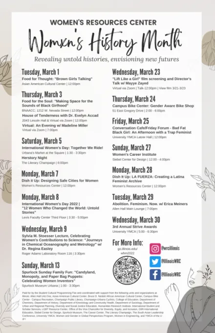 White flier announcing Women's History Month events