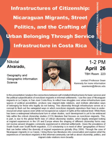 Orange, blue and white flier with photo of Nikolai Alvarado