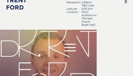 White flier with photo of Dr. Ford with a reddish background and lecture details written around it
