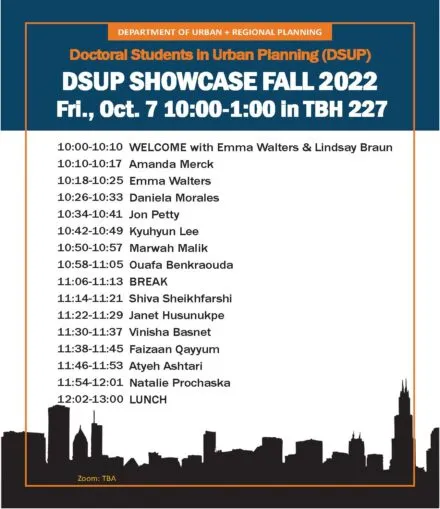 Blue, orange and white flier with lineup of speakers