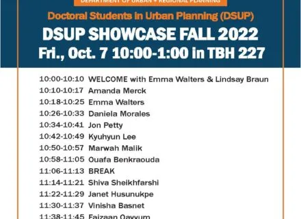 Blue, orange and white flier with lineup of speakers