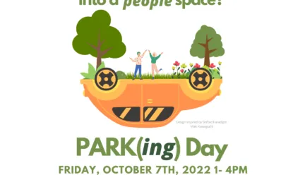 Parking Day flier with upside down Volkswagen bug car, trees and flowers growing out of bottom