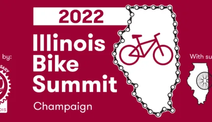 Red and white banner with outline of state of Illinois in bike chains