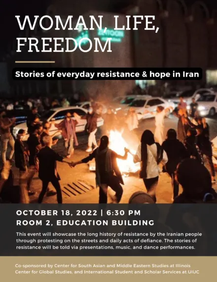 Flier with photo of women in front of a bonfire