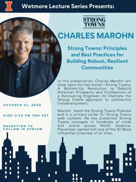 Blue and white poster with photo of speaker and bottom banner of outline of tall buildings