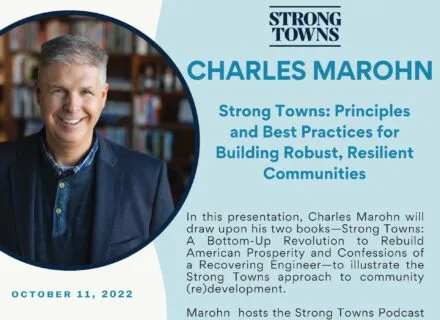 Blue and white poster with photo of speaker and bottom banner of outline of tall buildings