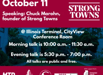 Red and blue flier announcing speaker times and sponsors