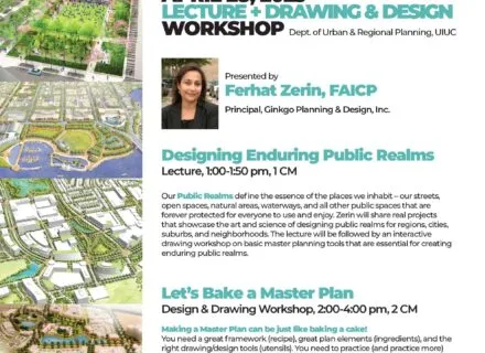 Colorful flier with city designs along the left side and lecture details on the right