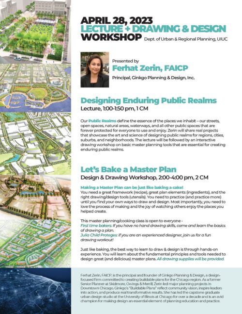 Colorful flier with city designs along the left side and lecture details on the right