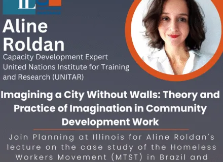 Blue poster with orange and white lettering describing speaker and talk