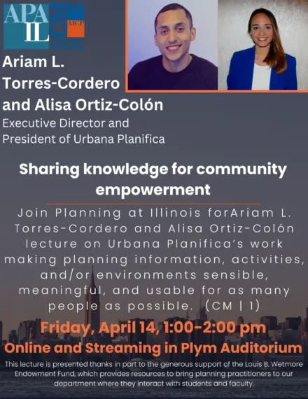 Blue poster with orange and white lettering describing speakers and talk