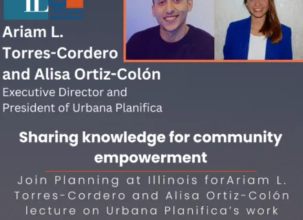 Blue poster with orange and white lettering describing speakers and talk