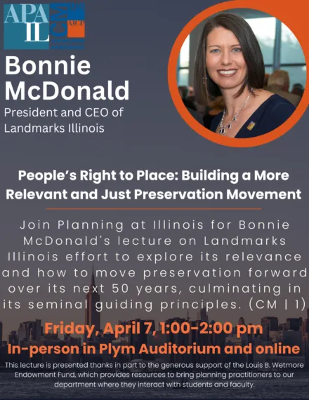 Blue poster with orange and white lettering describing speaker and talk