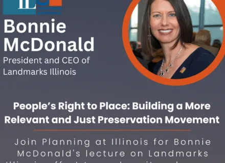 Blue poster with orange and white lettering describing speaker and talk