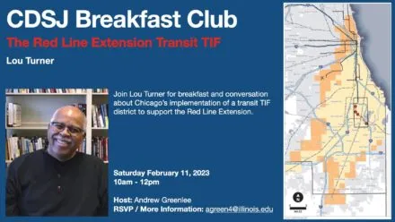 Blue flier with photo of Lou Turner and map of the Red Line Extension in Chicago