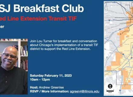 Blue flier with photo of Lou Turner and map of the Red Line Extension in Chicago