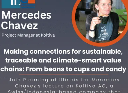 Blue poster with orange and white lettering describing speaker and talk