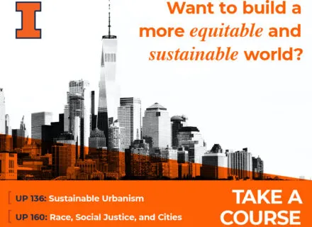Ad with cityscape with text encouraging viewer to "take a course in urban planning."