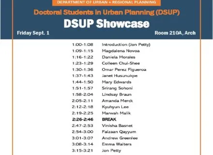 Blue, white and orange flier with showcase information