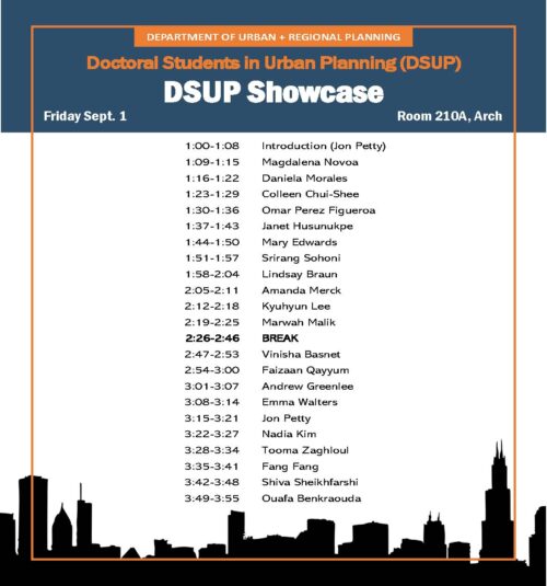 Blue, white and orange flier with showcase information