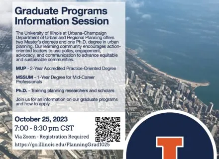 Information session details over an aerial photo of Chicago's lakefront