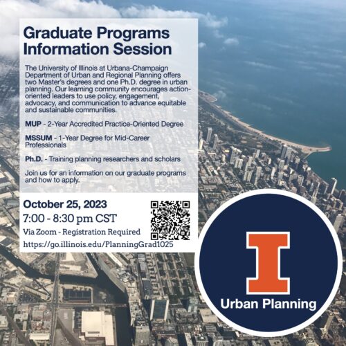 Information session details over an aerial photo of Chicago's lakefront