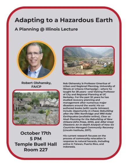 A gray poster with photo of Dr. Olshansky and two towns impacted by disasters along with speaker information
