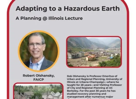 A gray poster with photo of Dr. Olshansky and two towns impacted by disasters along with speaker information