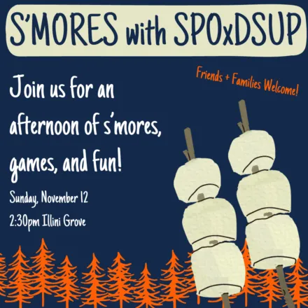 Blue, orange and cream flier with drawing of marshmallows on sticks and orange trees