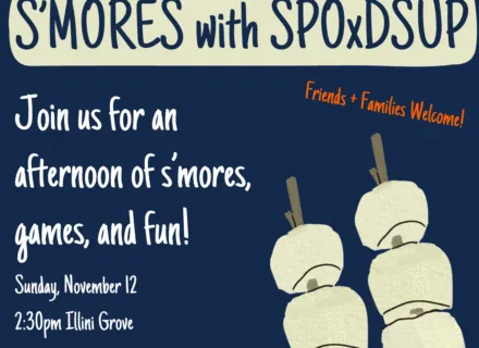 Blue, orange and cream flier with drawing of marshmallows on sticks and orange trees