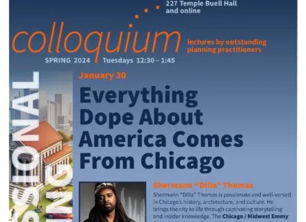 Blue poster with orange and white lettering describing speaker and talk