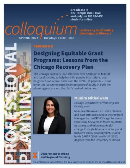 Blue poster with orange and white lettering describing speaker and talk