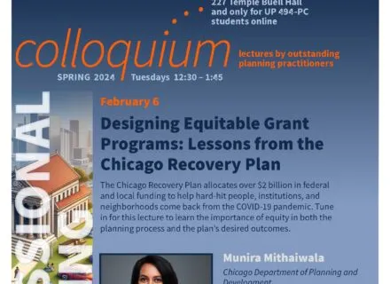 Blue poster with orange and white lettering describing speaker and talk