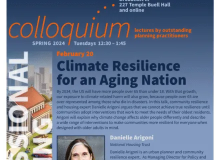 Blue poster with orange and white lettering describing speaker and talk