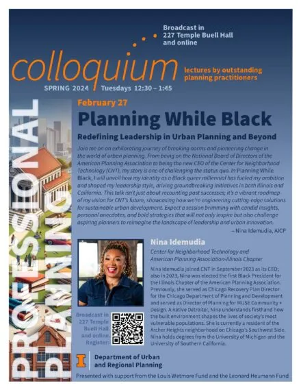Blue poster with orange and white lettering describing speaker and talk