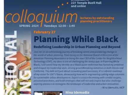 Blue poster with orange and white lettering describing speaker and talk