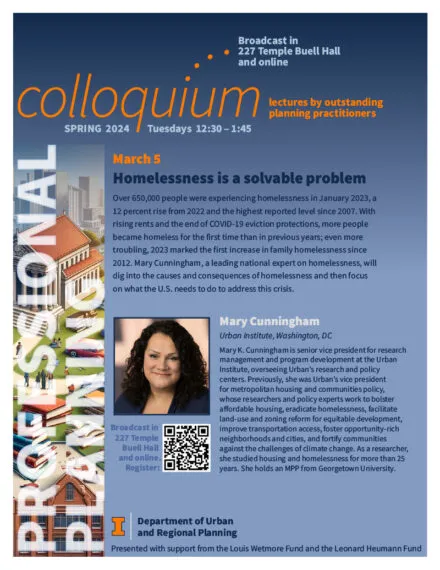 Blue poster with orange and white lettering describing speaker and talk