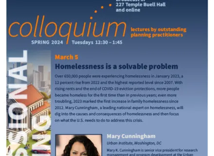 Blue poster with orange and white lettering describing speaker and talk