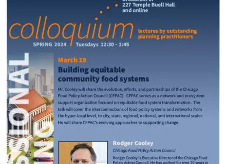 Blue poster with orange and white lettering describing speaker and talk