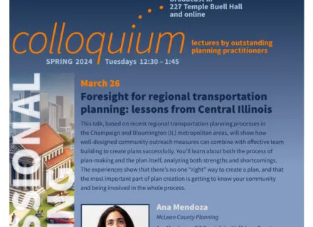 Blue poster with orange and white lettering describing speaker and talk