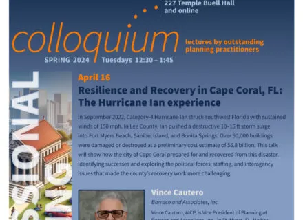 Blue poster with orange and white lettering describing speaker and talk