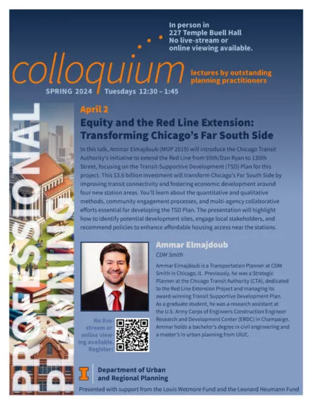 Blue poster with orange and white letting describing colloquium
