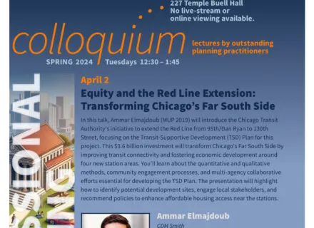 Blue poster with orange and white letting describing colloquium