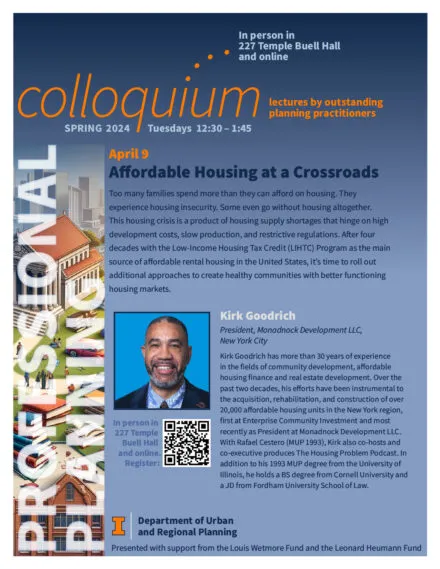 Blue poster with orange and white lettering describing speaker and talk